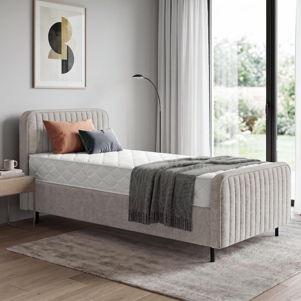 POLSTERBETT Lami 90x200, Einzelbett mit Bettkasten und Taschenfedernmatratze 20 cm, Dunkelbeige - Sandfarben/Schwarz, Textil/Metall (90/200cm) - Beautysofa