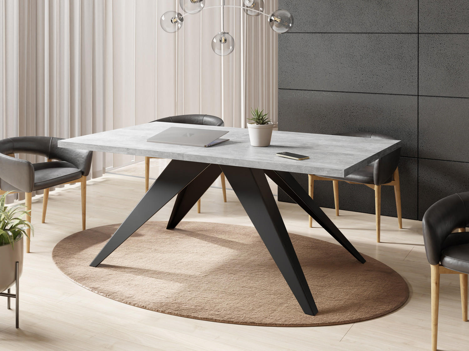 ESSTISCH Vance rechteckig ausziehbar, Grauer Beton 160-260/90/76 cm - Hellgrau/Schwarz, Holzwerkstoff/Metall (160/90/76cm) - WFL GROUP