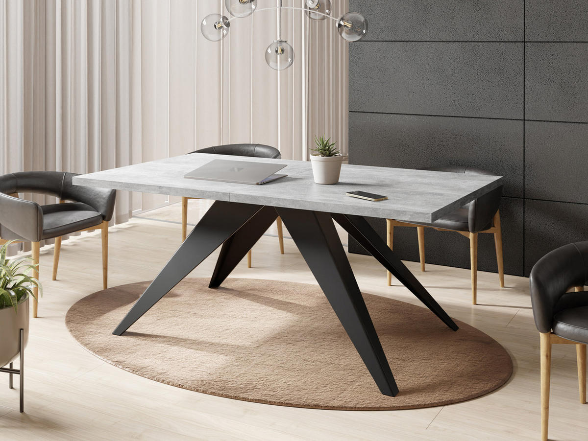 ESSTISCH Vance rechteckig ausziehbar, Grauer Beton 160-260/90/76 cm - Hellgrau/Schwarz, Holzwerkstoff/Metall (160/90/76cm) - WFL GROUP
