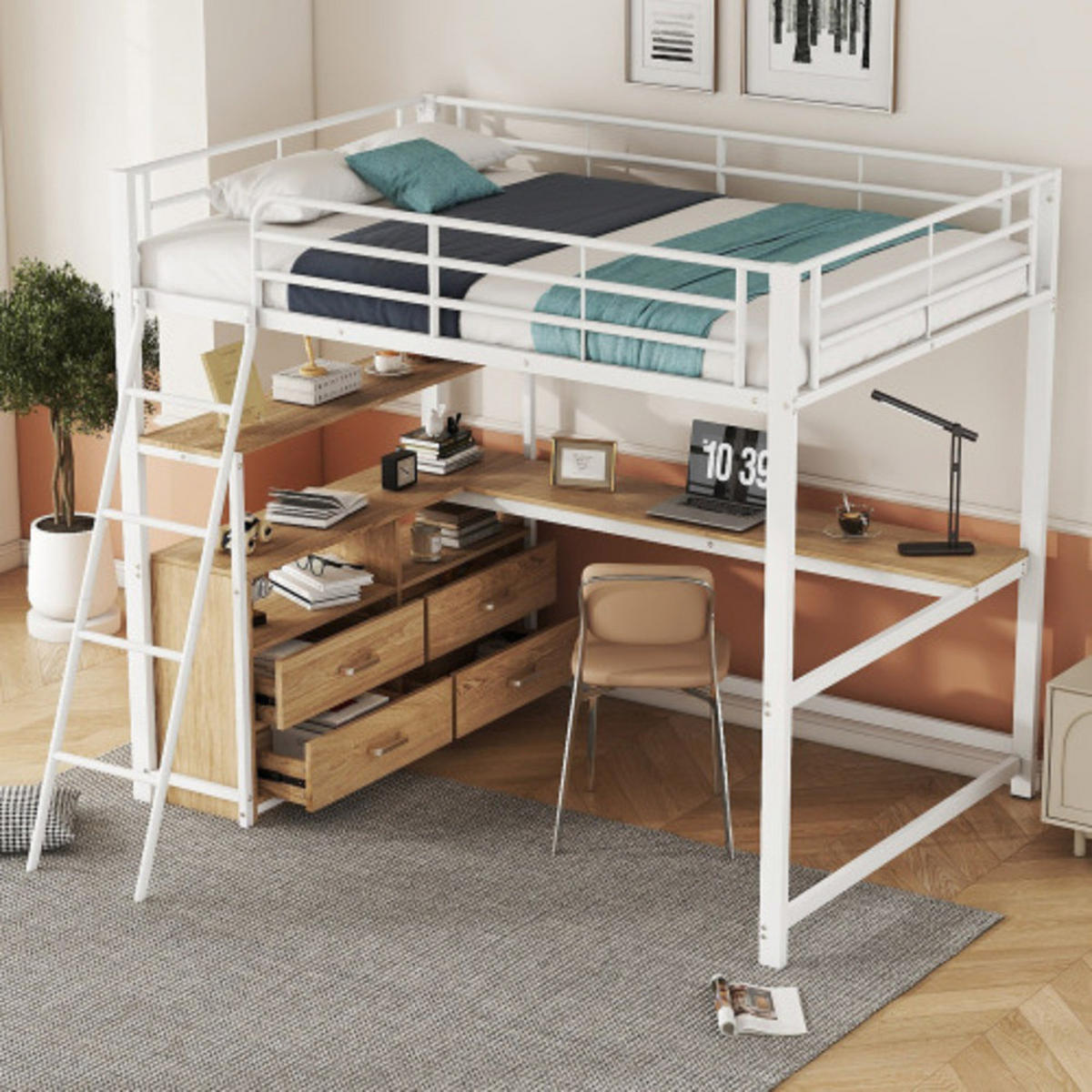 HOCHBETT 140 × 200 cm mit Metallrahmen, L-förmigem Schreibtisch und 4 Schubladen, weiß - Weiß, Metall - Luhomfu