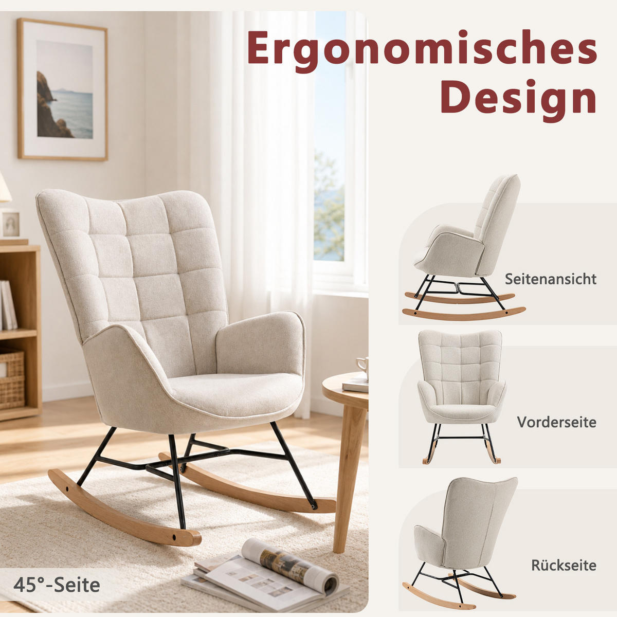 SCHAUKELSTUHL 2er-Set, Skandinavischer Stoff-Schaukelstuhl mit Holz- und Metallgestell, Beige - Beige, Textil (68/98/85cm) - Meubles Cosy