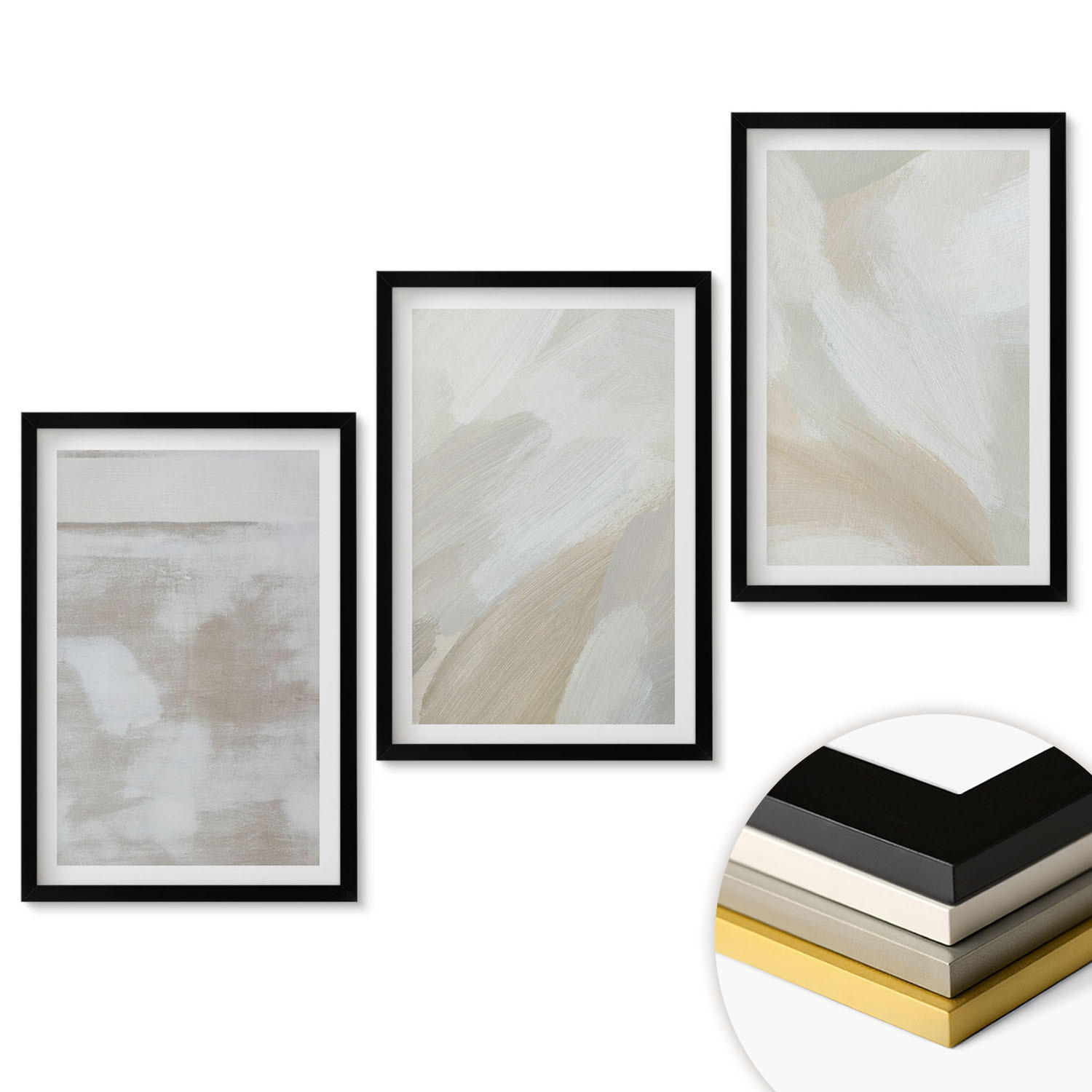WANDBILDER 3er-Set - 40x60 cm Schwarzer Rahmen - Abstrakte Pinselstriche - Schwarz, Kunststoff (40/60cm) - ArtPrintCave