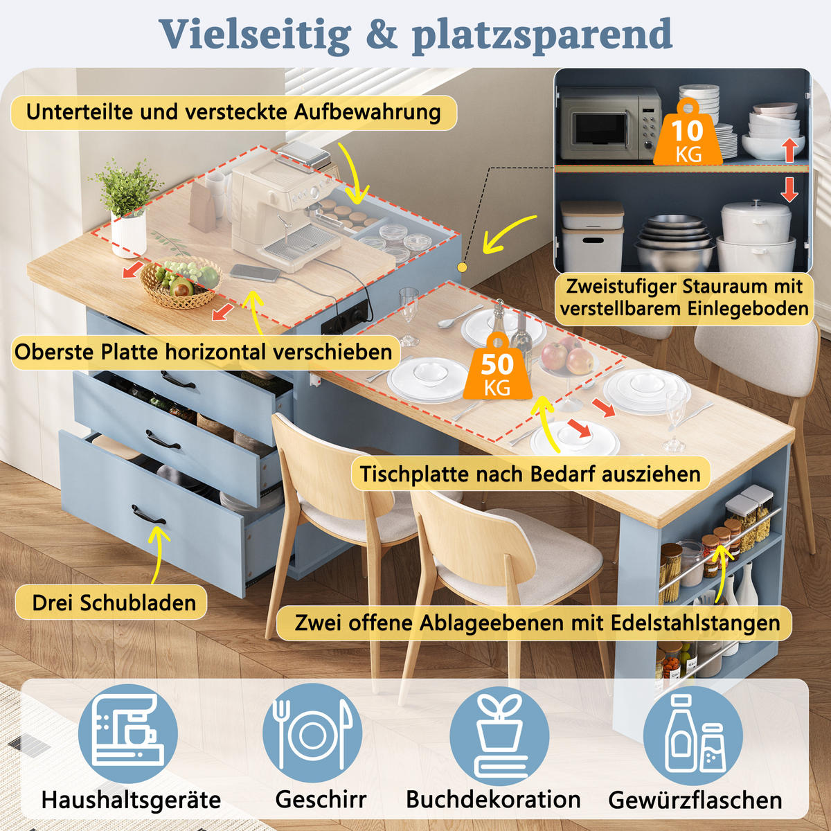 KÜCHENINSEL ausziehbar 125,5-187,5/71/93 cm mit LED DE-39569 Blau - Blau, Holzwerkstoff (125.5/93/71cm) - ComfortXL