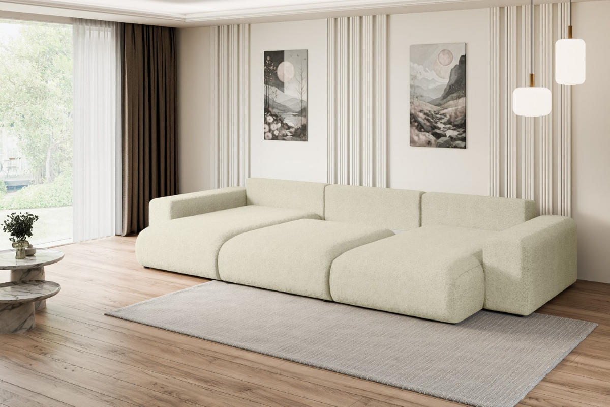 WOHNLANDSCHAFT mit Schlaffunktion und Bettkasten ESKAR-U -352x165x84cm Beige Bouclé - Beige/Schwarz, Holzwerkstoff/Kunststoff (352/84/165cm) - ALTDECOR