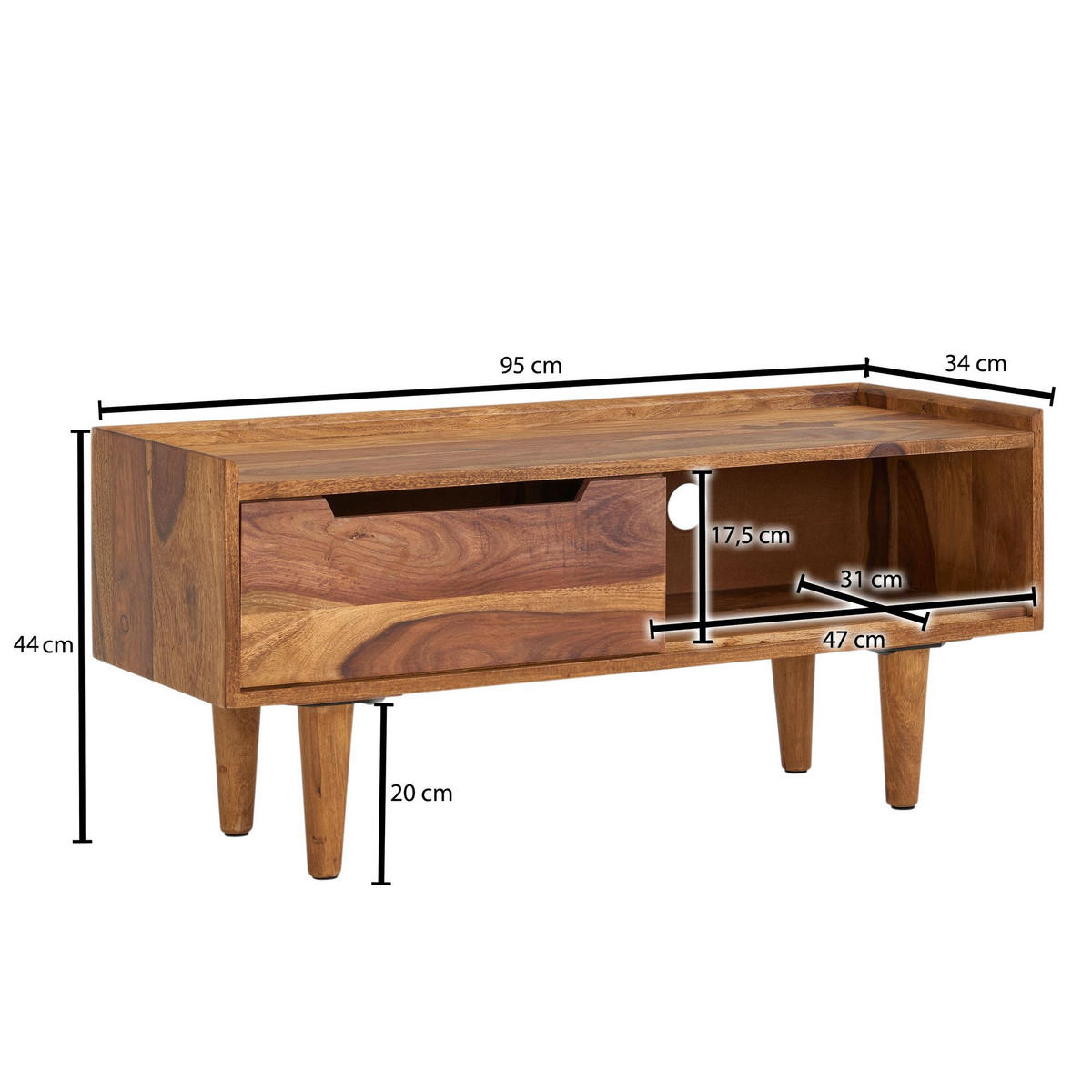 LOWBOARD Massivholz Modern Stil für Fernseher bis 50 Zoll mit Schiebetür und 2 Fächern - Braun, Holz (95/44/34cm) - KADIMA DESIGN