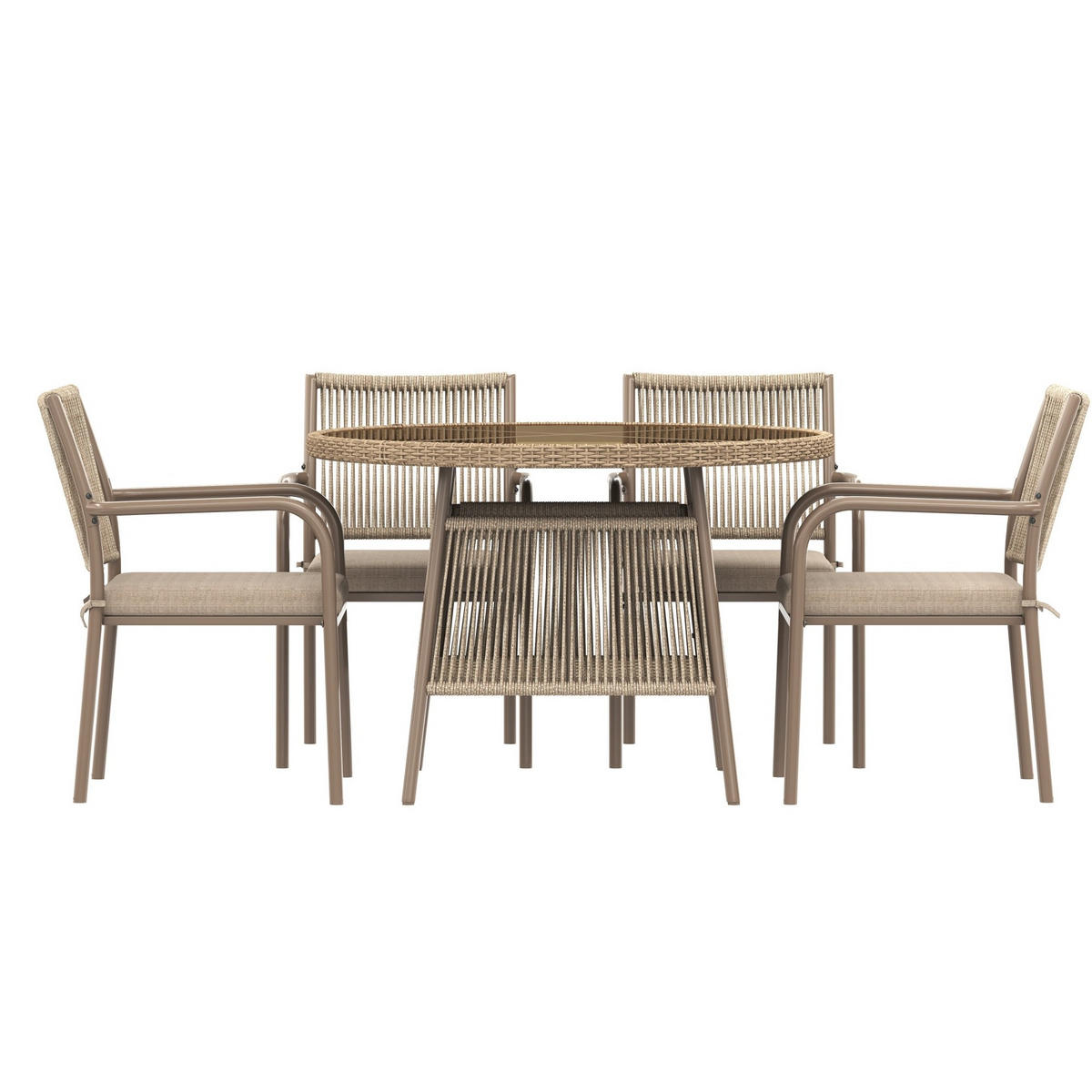 GARTENMÖBEL-SET 110/110/74 cm mit rundem Glastisch, 4 Sesseln und Sitzkissen, Braun - Braun, Metall - Redom
