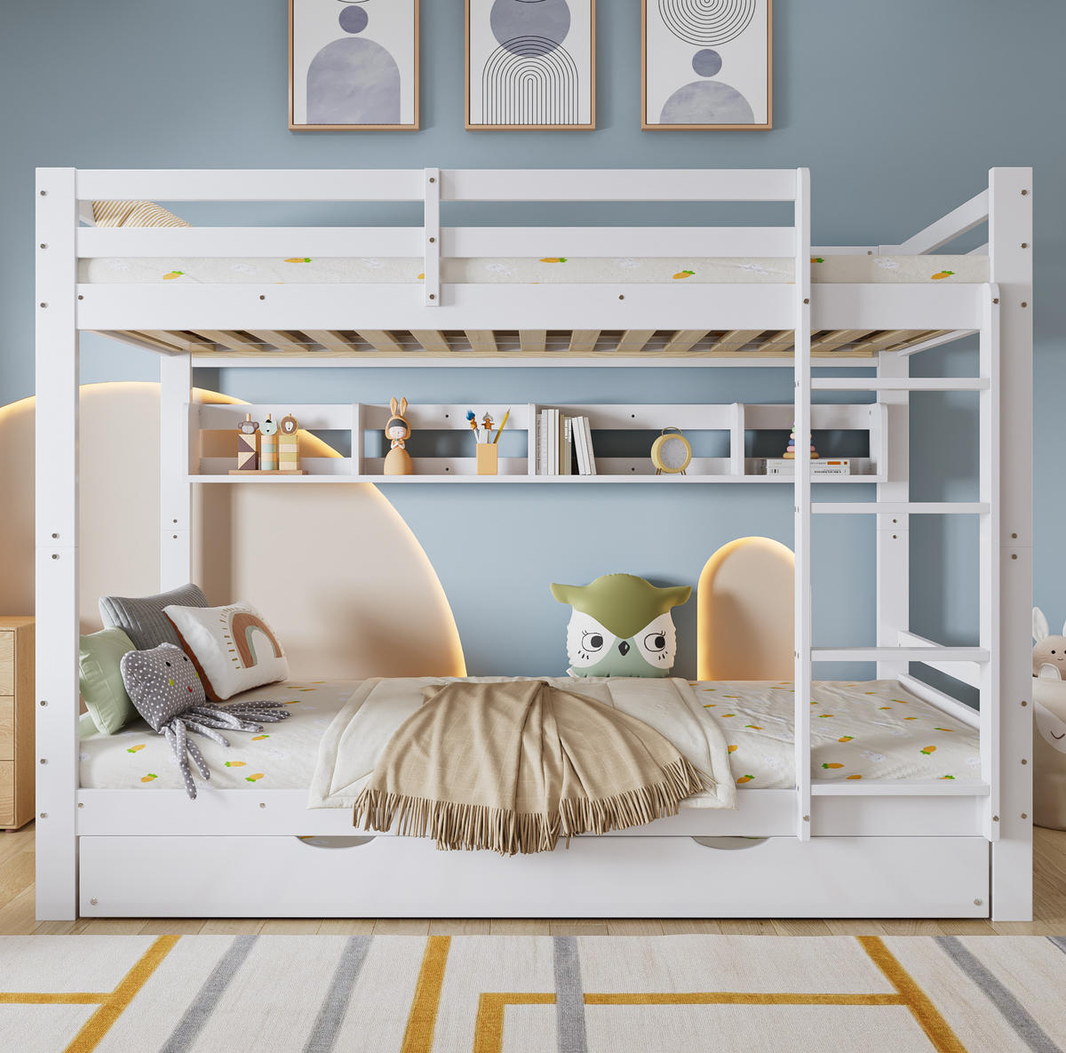 ETAGENBETT aus Kiefer & MDF 90x200 cm in Weiß mit Ausziehbett & Regalen - Weiß, Holzwerkstoff (90/200cm) - Modfu