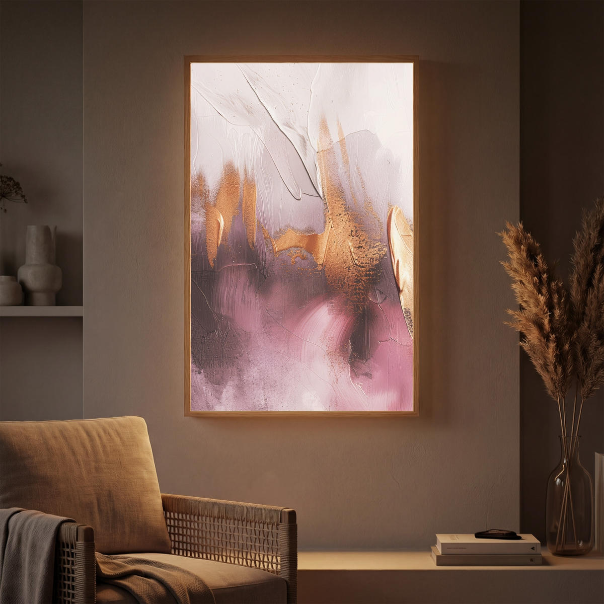 NÁSTĚNNÁ LAMPA S AKUMULÁTOREM Fialová - abstraktní - barva - zlatá 60x90 cm - světle fialová, kompozitní dřevo (60/90/8cm) - OnlyWow