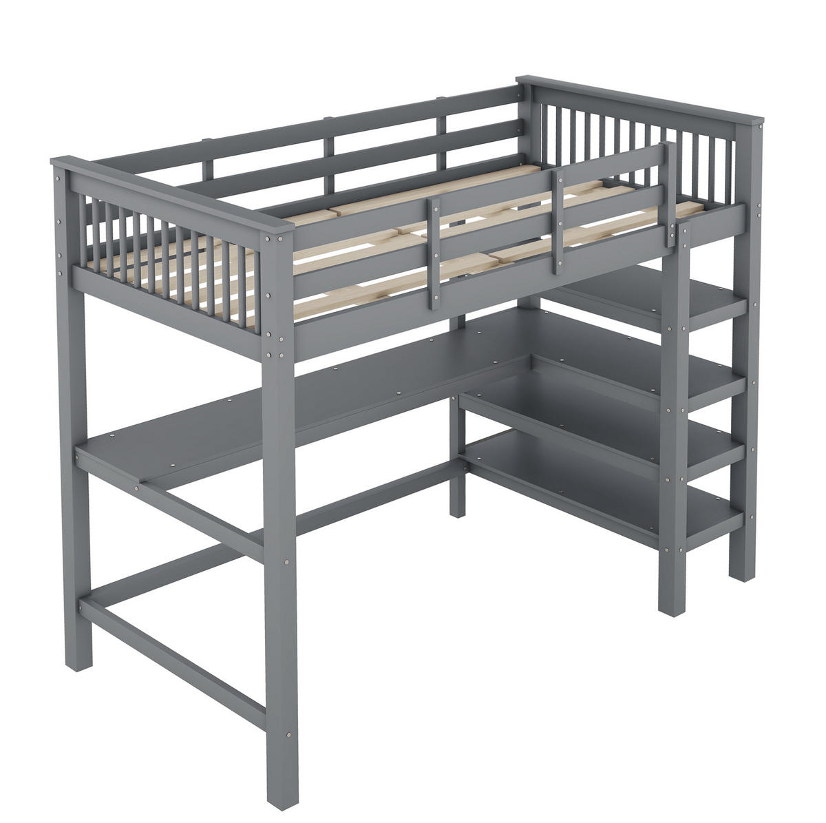 HOCHBETT aus Kiefernholz und MDF 90x200 cm Grau mit Schreibtisch und Ablagefächern - Grau, Holzwerkstoff (90/200cm) - IVMEU