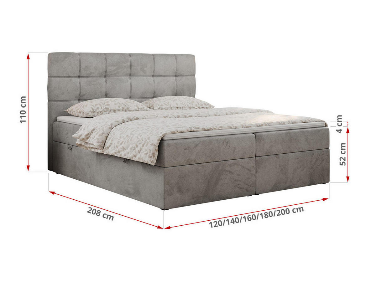 BOXBETT ERNI 180/200 - Hellgrau Velvet - H3 - Hellgrau, Holz/Textil (180/200cm) - MKS
