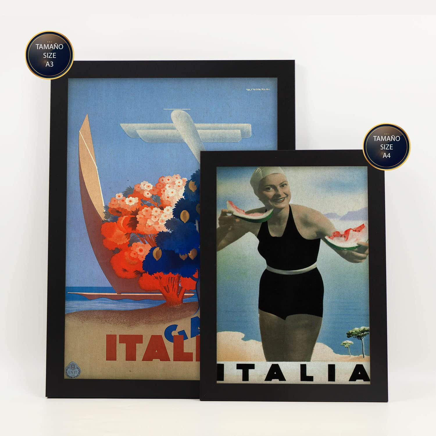 POSTER Set Mit 6 Mittelmeerländer Vollfarbige Illustrationen Von Vintage Tourismus Werbetafeln Aus Der Ganzen Welt A3 & A4 Schwarzer Rahmen - Schwarz, Papier (29/3cm) - Nacnic