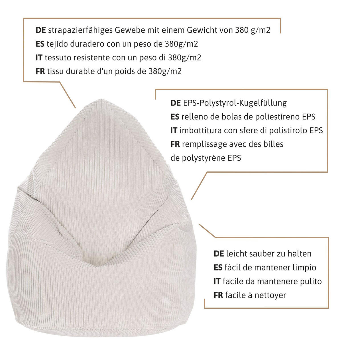 SITZSACK MIT FUßSTÜTZE Kordsamt 2-tlg White Dove M - Beige/Creme, Textil (80/120/80cm) - Dreamroots