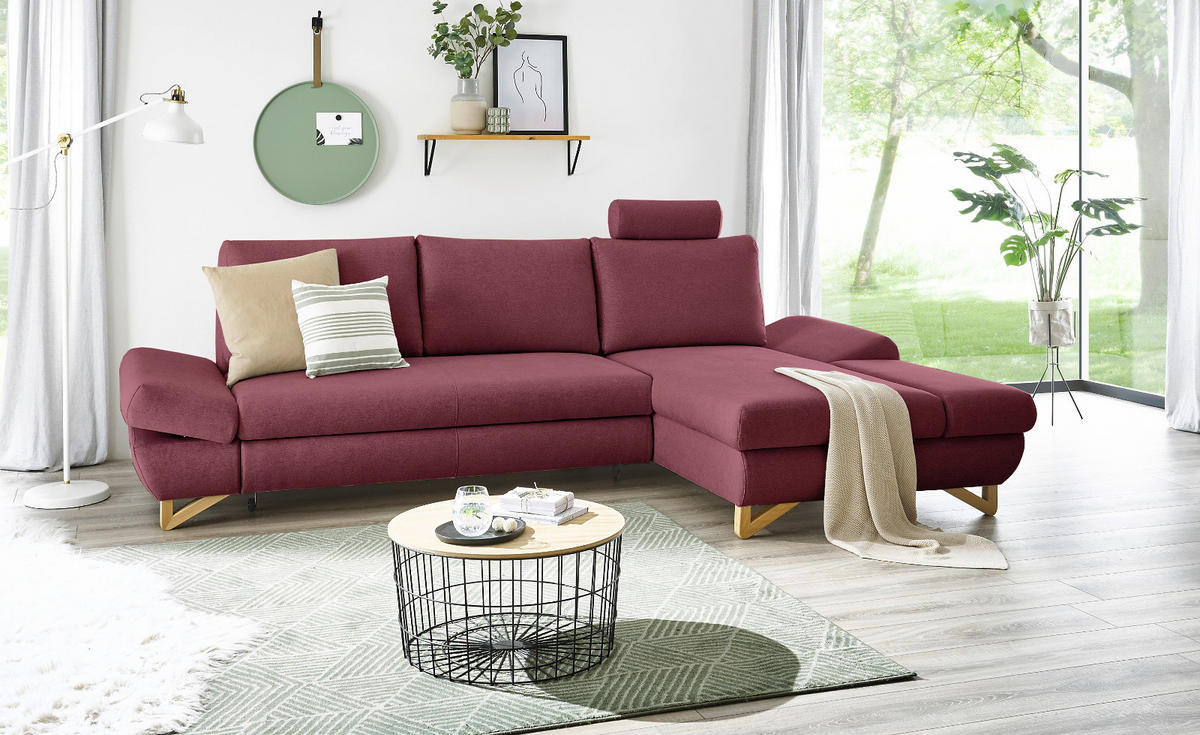 ECKSOFA bordeaux Velours, Sofa mit Bettfunktion und Stauraum 284 cm - Bordeaux, Holz/Textil (284/166cm) - Furn.Design