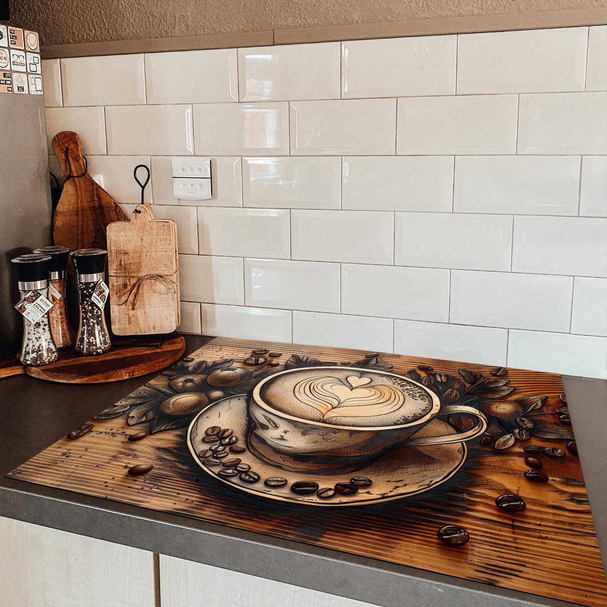 HERDABDECKPLATTE Kaffee - Vintage - Braun - Tasse - Holz Induktionsmatte 77x59 cm - Cappuccino, Kunststoff (77/59/0.2cm) - MuchoWow