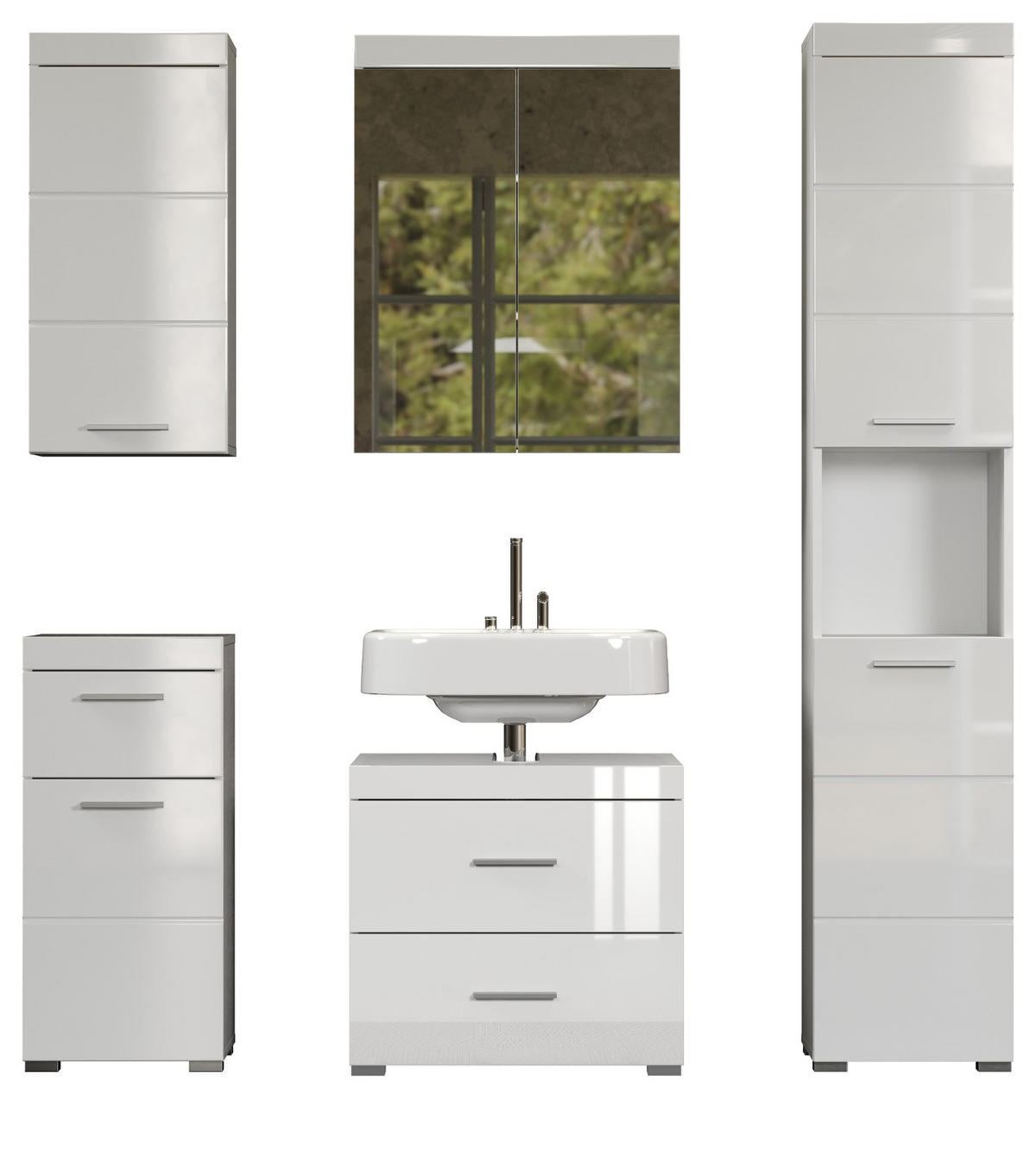 BADMÖBEL-SET weiß Hochglanz 5-teilig 163 x 190 cm, moderne Badezimmer-Schränke - Weiß Hochglanz/Alufarben, Glas/Holzwerkstoff (163/190/34cm) - Top.Furn