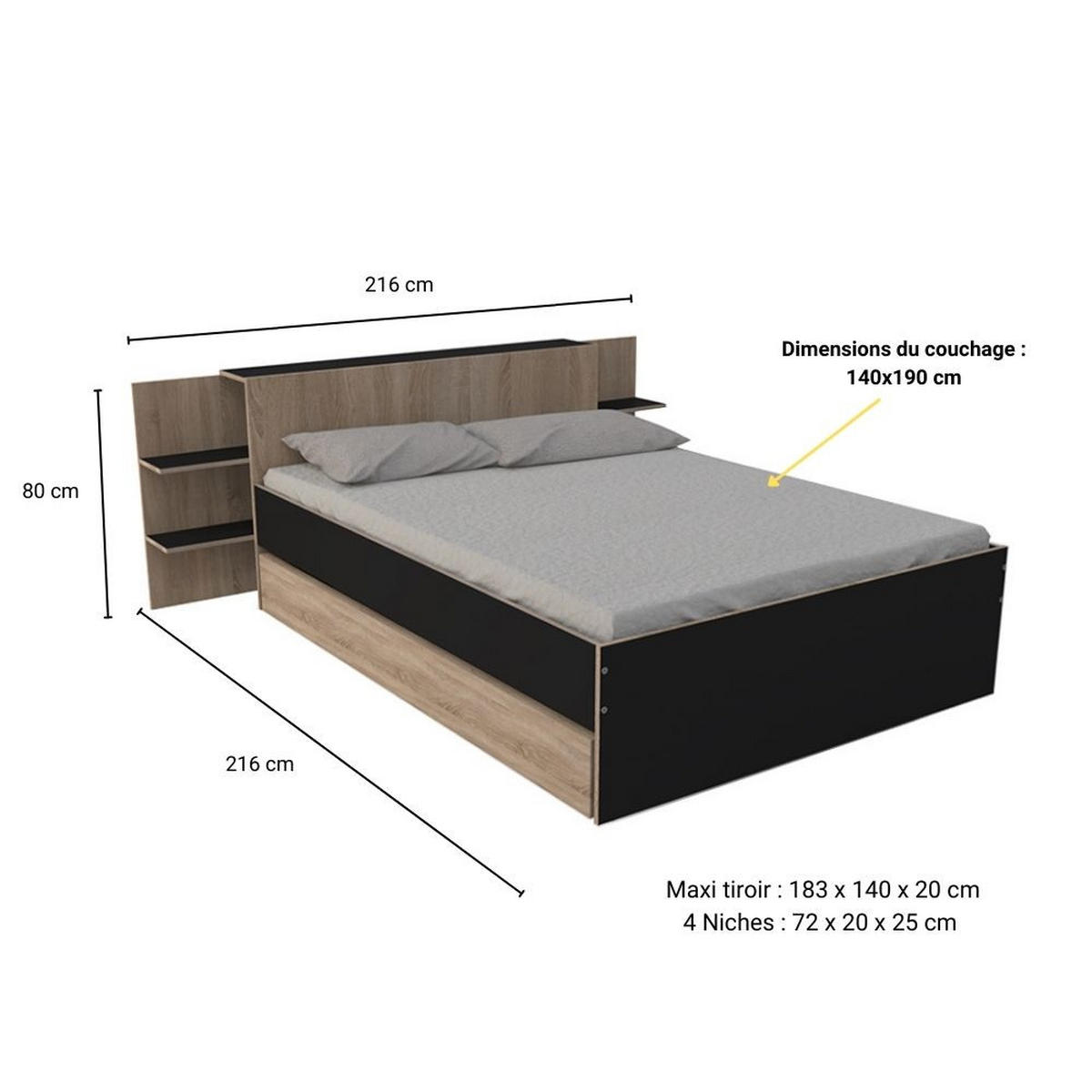 BETT CITY mit Kopfteil und Schublade/ Bett 140x190 - Schwarz & gebleichte Eiche Dekor - Schwarz/Sonoma Eiche, Holzwerkstoff (140/190cm) - Weber Industries