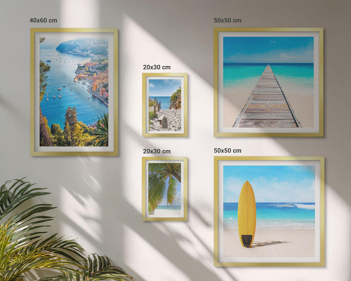 WANDBILDER 5er Set - 50x50 cm & 20x30 cm & 40x60 cm Goldrahmen - Urlaubsblick Strand Palmen - Goldfarben, Kunststoff (40/60cm) - ArtPrintCave