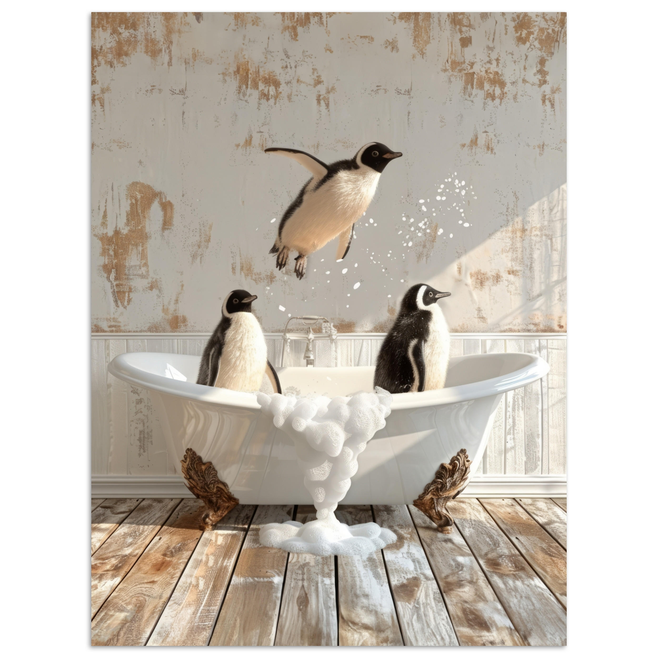 POSTER Vintage - Pinguin - Badewanne - Schaumstoff 30x40 cm - Schwarz, Papier (30/40/0.1cm) - MuchoWow