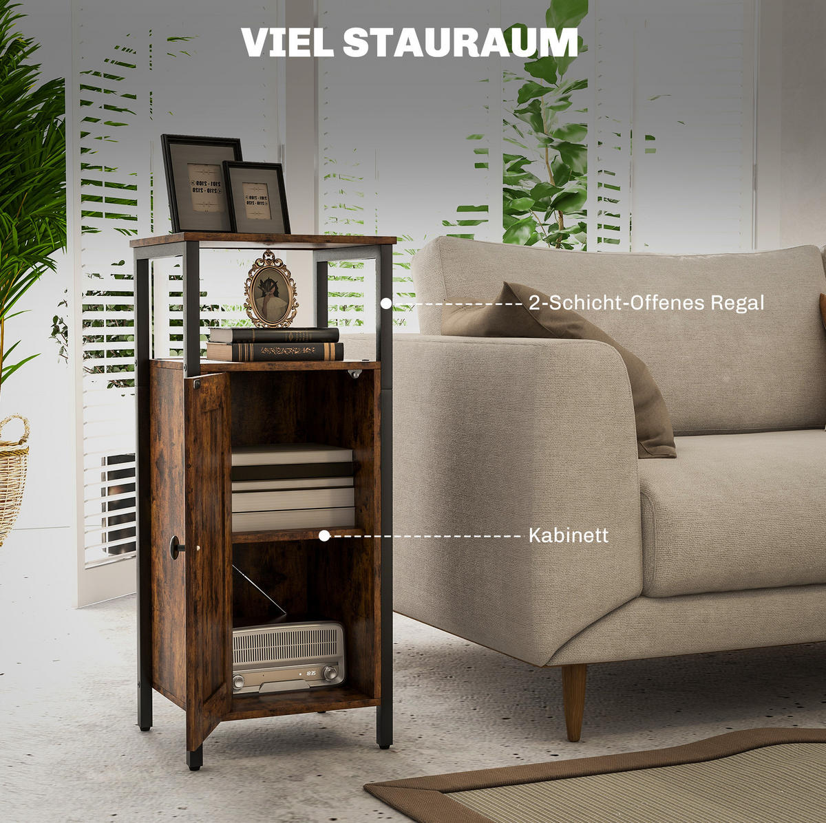 BEISTELLTISCH aus Sperrholz 34x30x80 cm Braun mit Schrank, 2 offenen Fächern und verstellbarem Innenregal - Braun, Holzwerkstoff (34/30/80cm) - Modfu