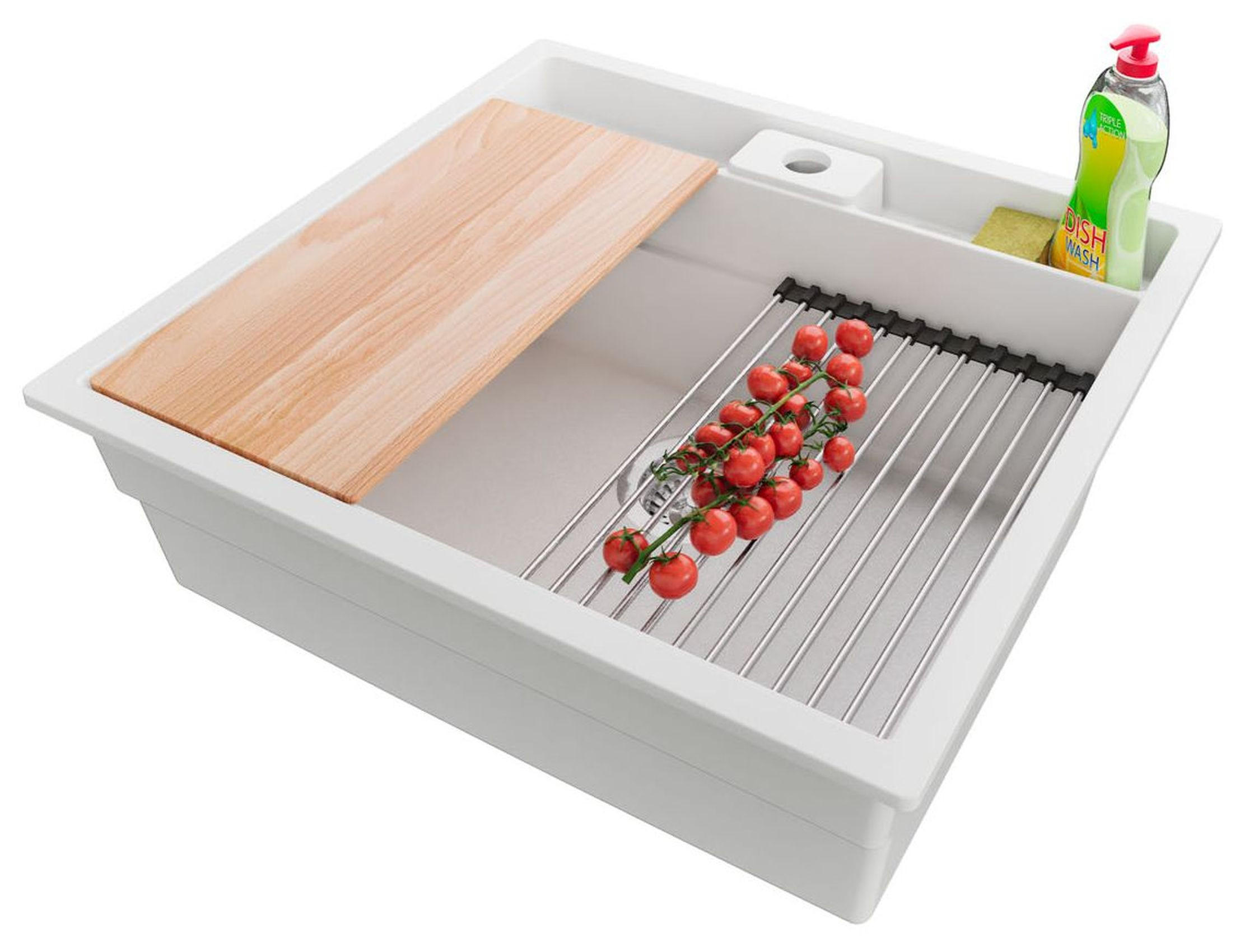 SPÜLBECKEN Bergen Pocket, 2-er set Weiß 56/54 cm 1 Becken + Ablauf-Set + Küchenzubehörset ab 60er Unterschrank - Chromfarben/Beige, Kunststoff (56/20/54cm) - Primagran