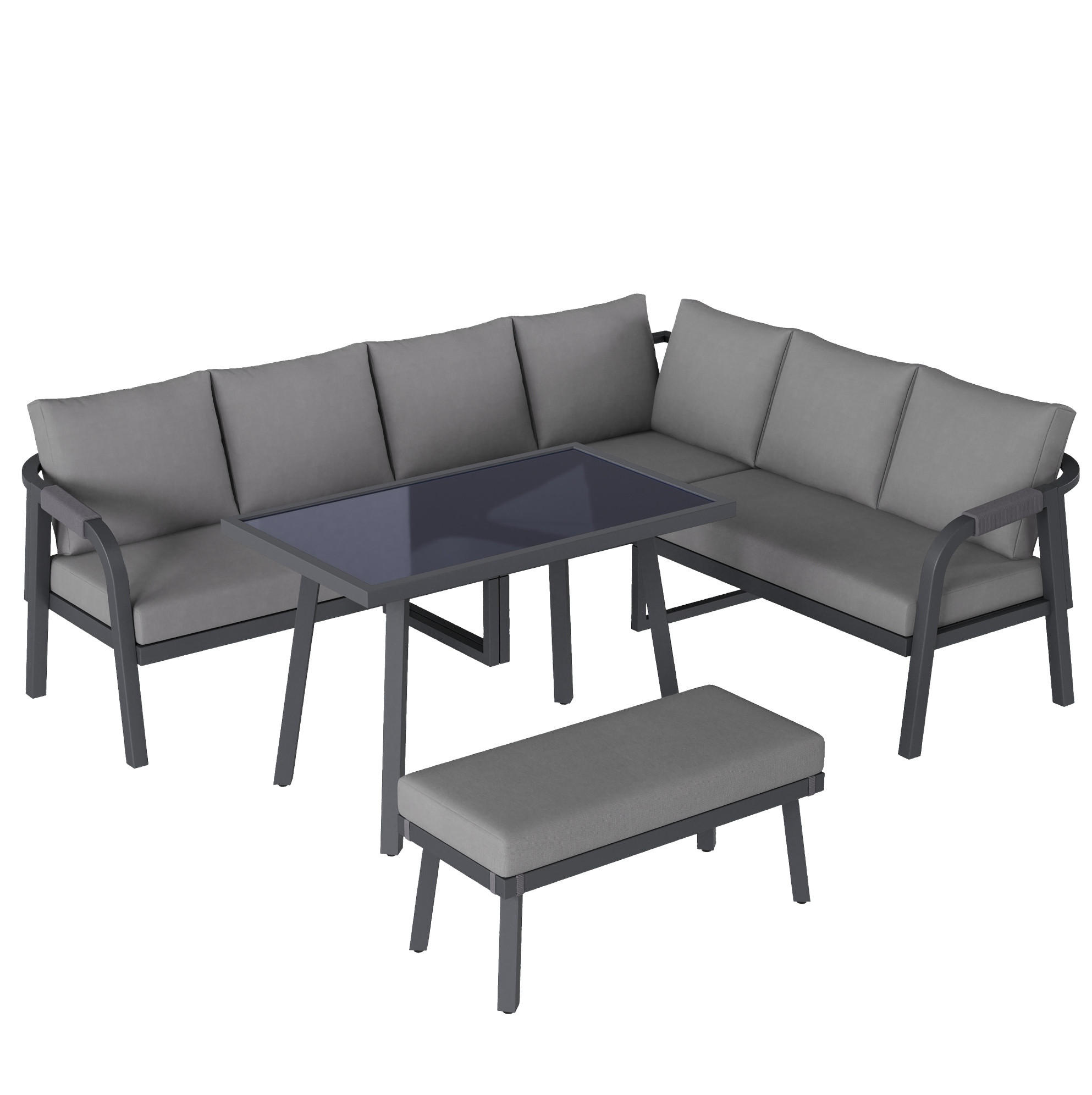 GARTEN-ESSGRUPPE mit Ecksofa, Esstisch und Bank für 8 Personen, Seilgeflecht und Glasplatte, Grau - Grau, Holzwerkstoff - Redom