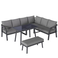 GARTEN-ESSGRUPPE mit Ecksofa, Esstisch und Bank für 8 Personen, Seilgeflecht und Glasplatte, Grau - Grau, Holzwerkstoff - Redom