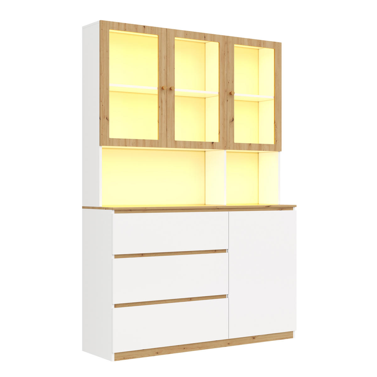VITRINE Weiß-Eiche mit verlängerter Arbeitsplatte 120×40×200 cm aus MDF - Weiß, Holzwerkstoff (120/200/40cm) - Luhomfu