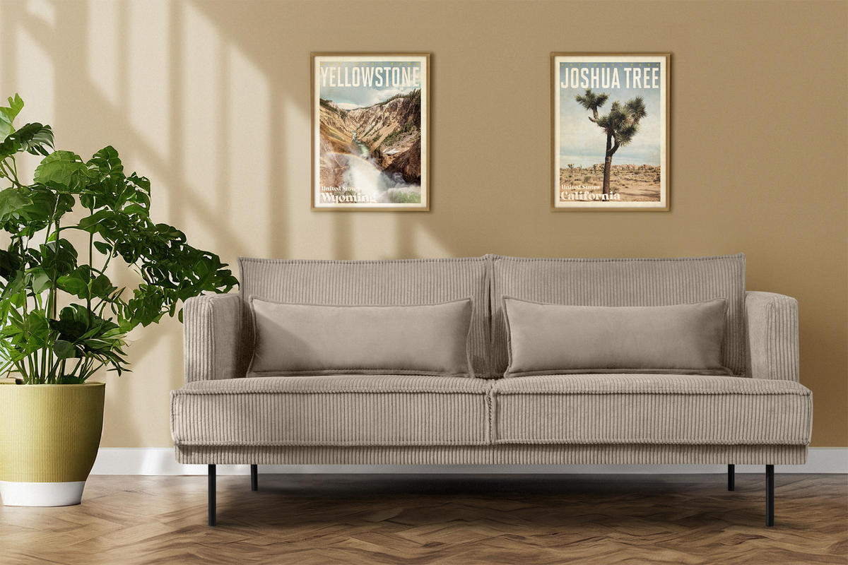 3-SITZER-SOFA GANZO 2 Kissen inklusive, Cord-Stoff, beige - Beige/Schwarz, Textil/Metall (193/84/92cm) - KONSIMO®