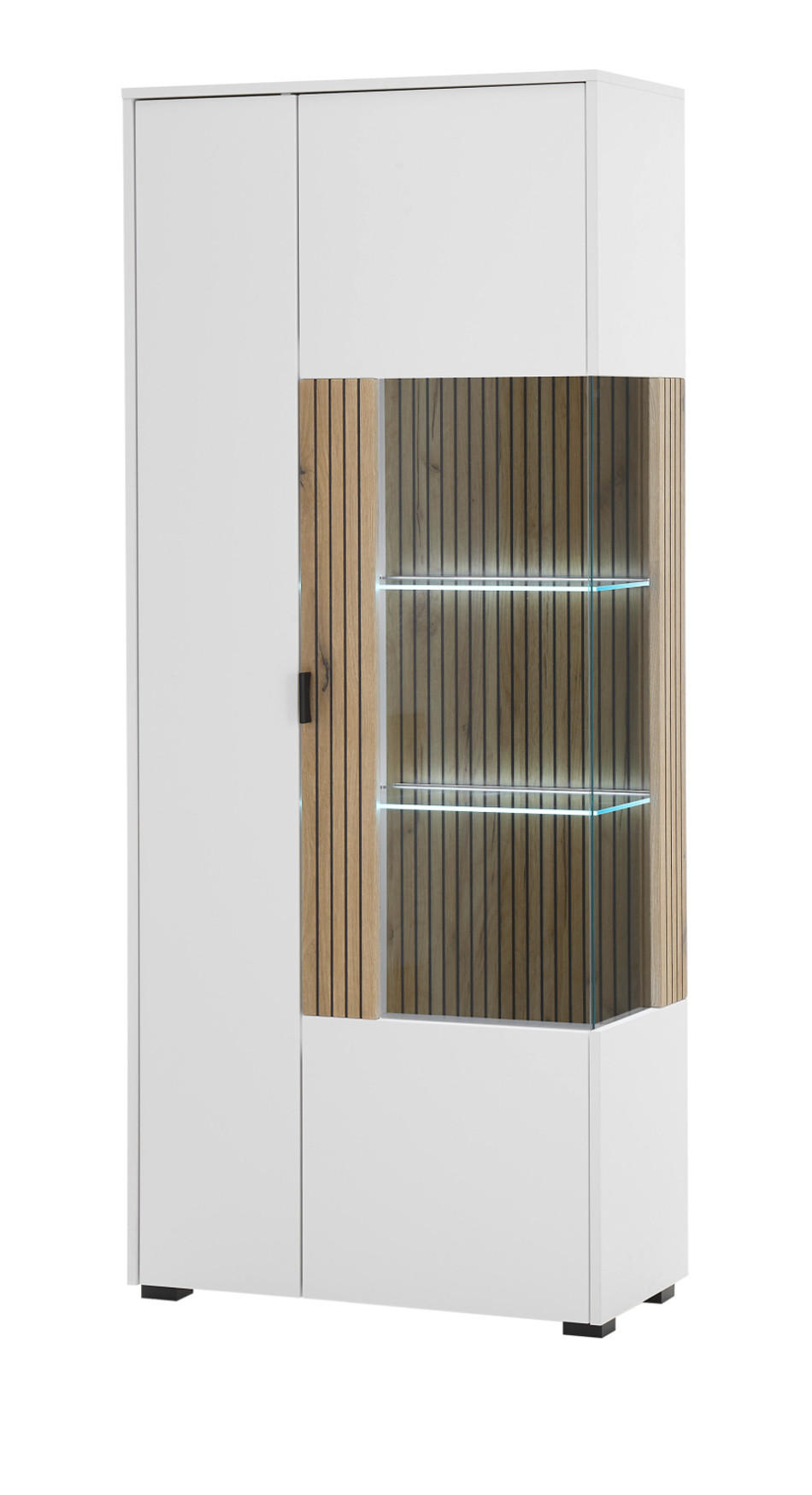 VITRINE weiß matt, Eiche 75 x 180 cm, Vitrinenschrank mit 10 Fächern und Soft-Close-Funktion - Schwarz/Weiß, Glas/Holzwerkstoff (75/180/38cm) - Furn.Design