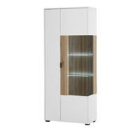 VITRINE weiß matt, Eiche 75 x 180 cm, Vitrinenschrank mit 10 Fächern und Soft-Close-Funktion - Eichefarben/Schwarz, Glas/Holzwerkstoff (75/180/38cm) - Furn.Design