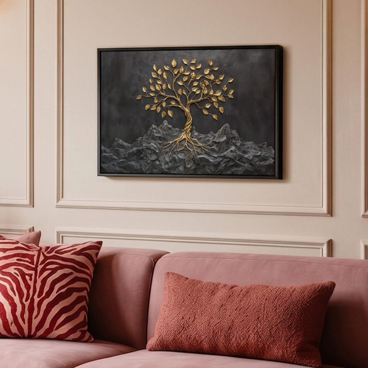LEINWAND Bilder mit Rahmen - Blätter - Gold - Baum - Fels - 60x40 - Schwarz, Textil (60/40cm) - MuchoWow