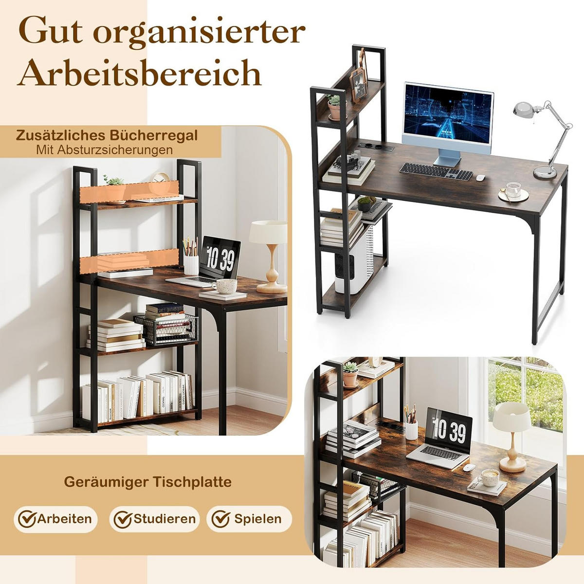 DATORBORD Brunt - Brun, Träbaserade material (65/120/130cm) - COSTWAY