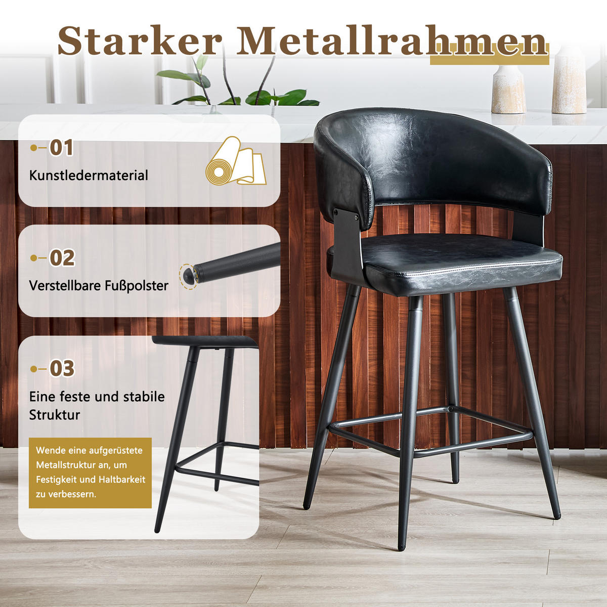 BARHOCKER DE-36675 2er-Set mit Kunstlederbezug und Metallgestell Schwarz - Schwarz, Metall (47/94.5/46cm) - ComfortXL