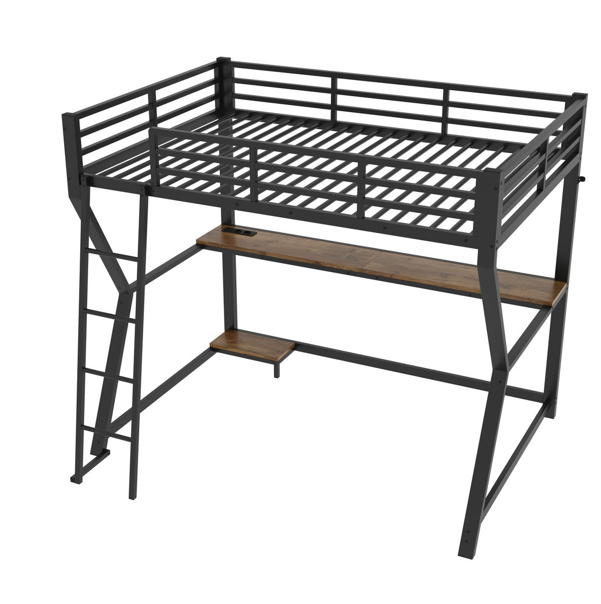 HOCHBETT 90/200 cm mit LED-Beleuchtung, Schreibtisch, Steckdose, USB und Treppe, Schwarz - Schwarz, Metall (90/200cm) - Redom