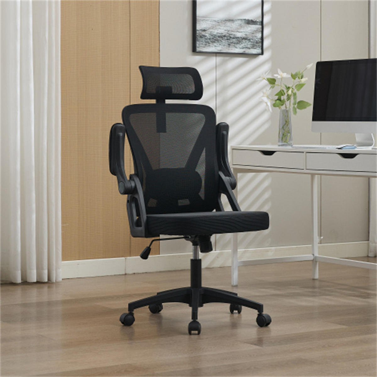 DREHSTUHL Ergonomisch Schwarz, höhenverstellbar & drehbar, Metall-Stoff-Bezug, 58 x 65 x 108 cm - Schwarz, Kunststoff (65/108/58cm) - Albatros