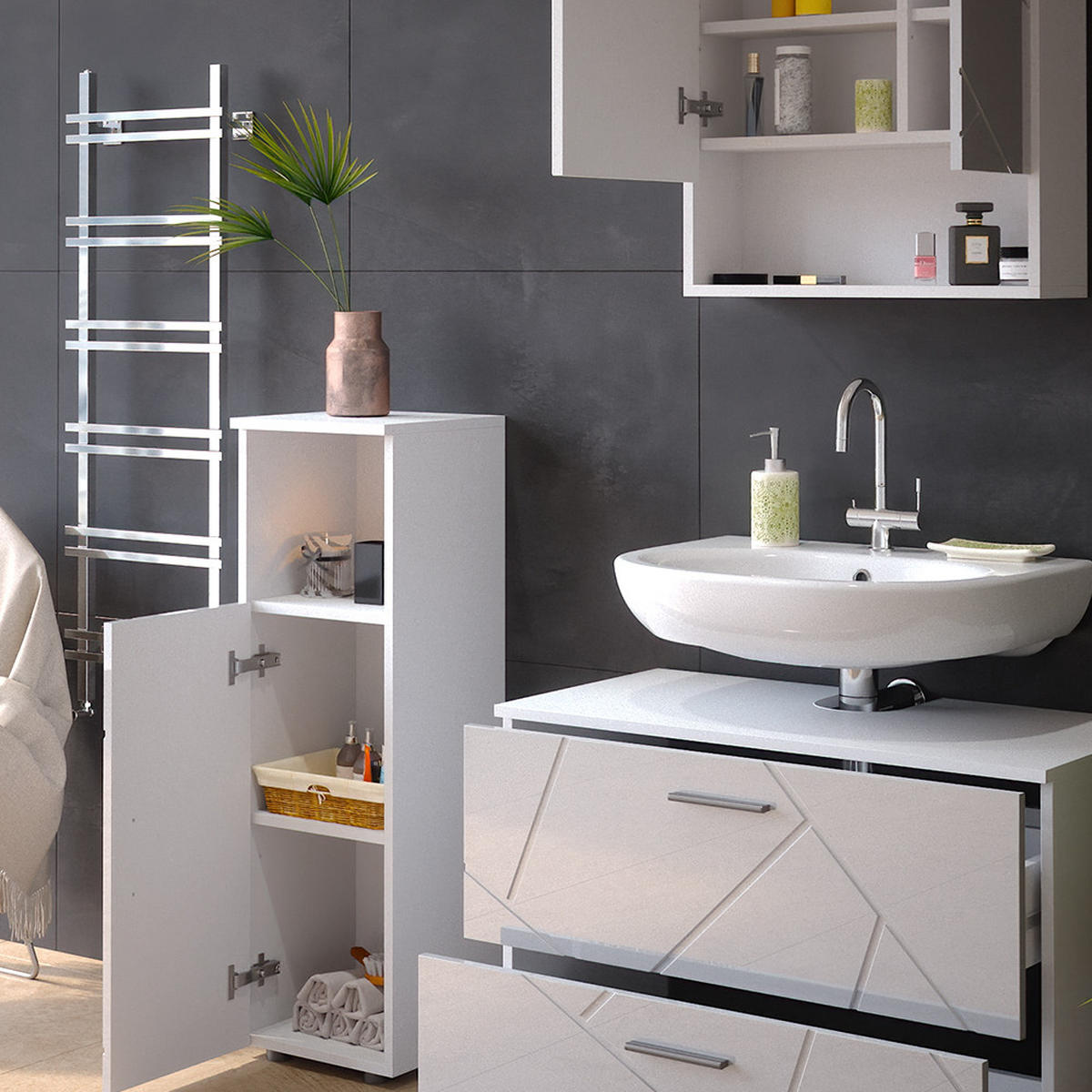 BADMÖBEL-SET Irma Weiß Hochglanz 3 Teile, mit Midischrank - Weiß Hochglanz/Weiß, Holzwerkstoff (80/58.6/41cm) - Vicco