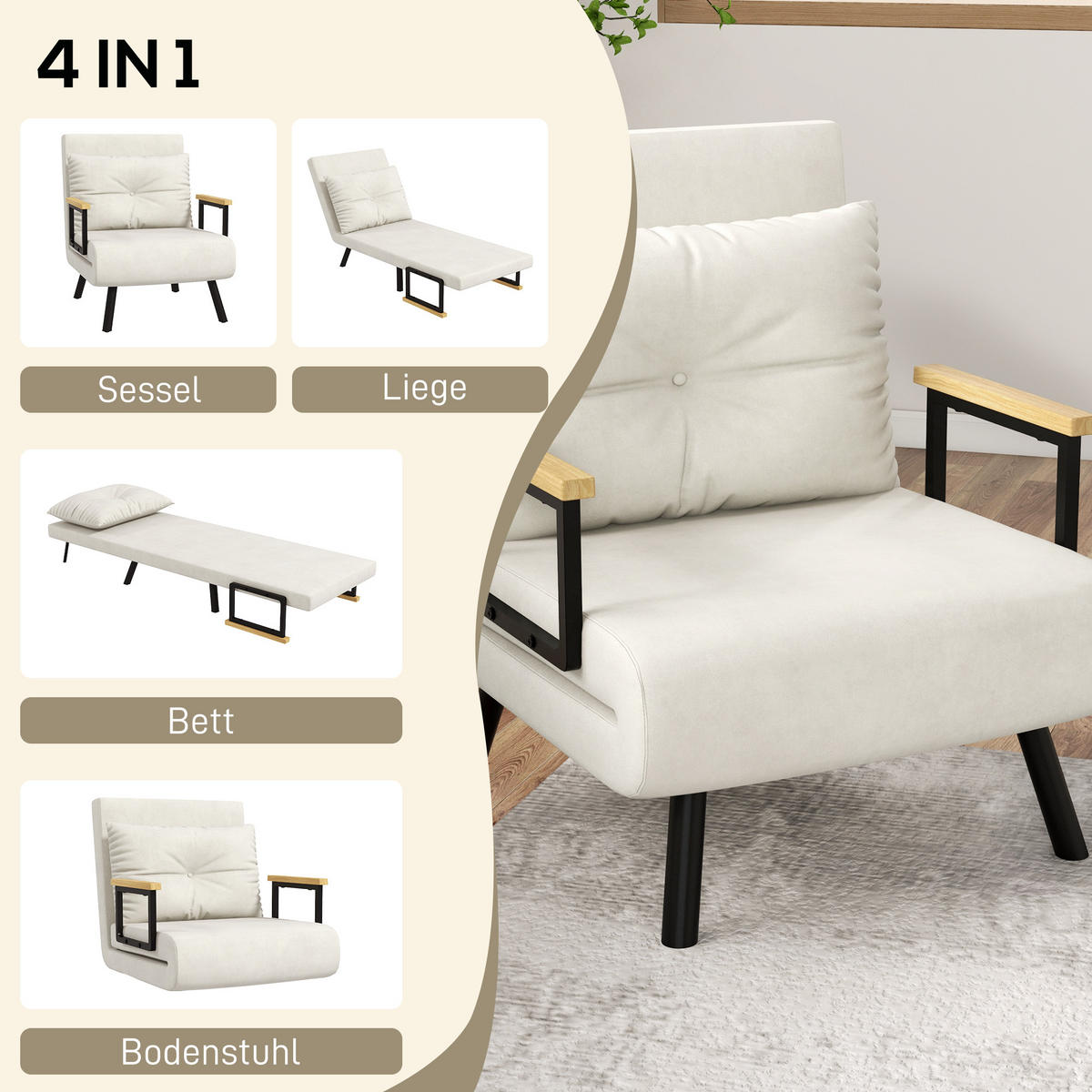 SCHLAFSESSEL DE-08258 mit Knopfheftung Cremeweiß - Creme, Metall (63/81/73cm) - ComfortXL