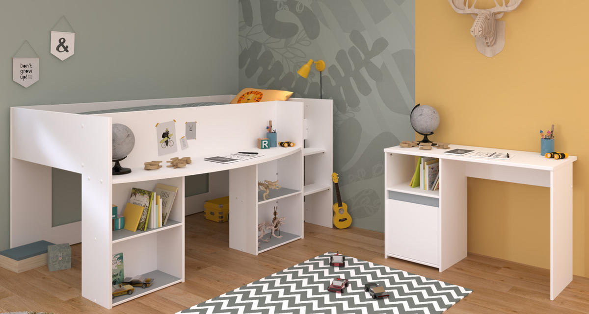 KINDERZIMMER Set 2-tlg. mit Schreibtisch und Hochbett 90 x 200 - Weiß, Holz/Holzwerkstoff (90/104/200cm) - Parisot Meuble