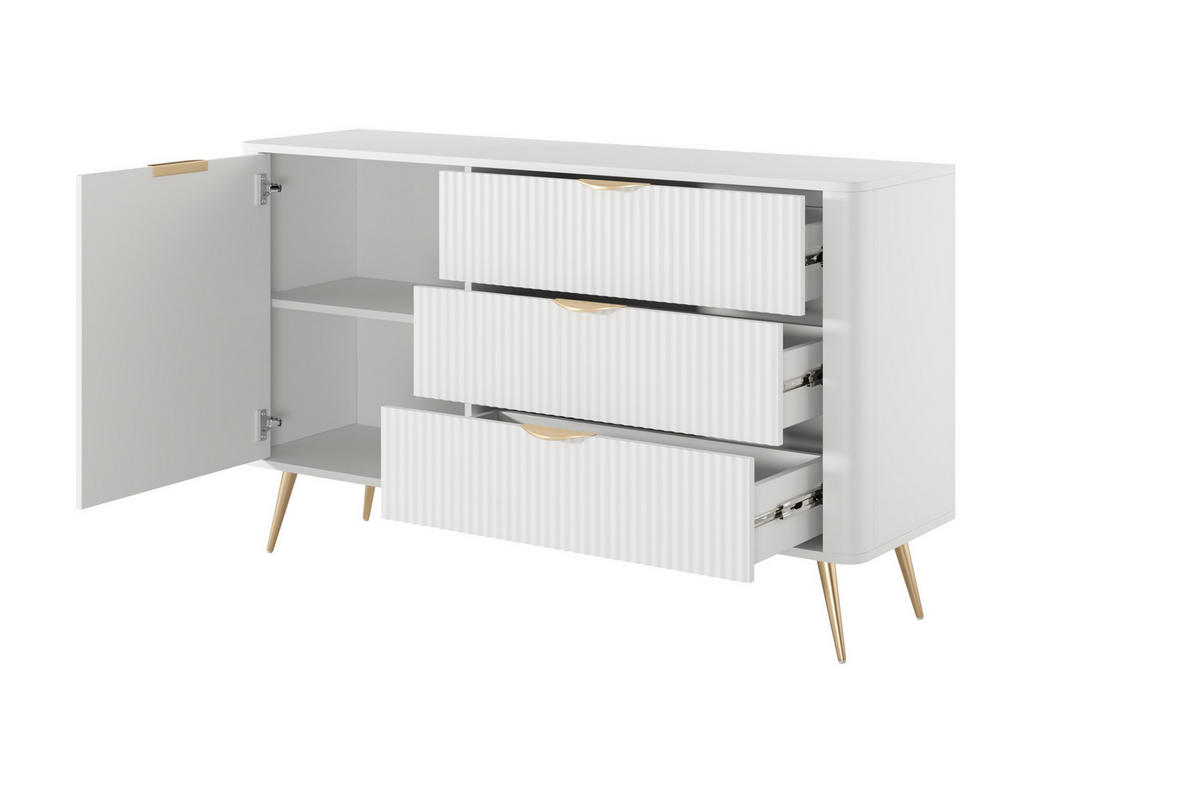 KOMMODE Lante Weiß, eintürige mit Schubladen, Goldene Beine - Goldfarben/Weiß, Holzwerkstoff (138/81/38cm) - Bettso