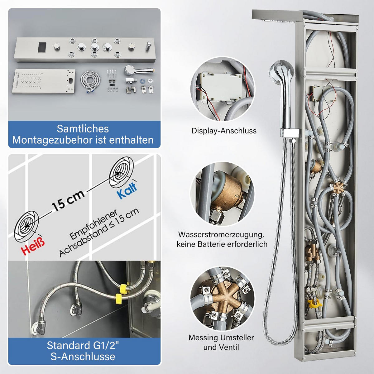 ÜBERKOPFBRAUSESET Edelstahl gebürstet Hydromassage 8 Jets Temperaturanzeige - Silberfarben, Metall (20/122/46cm) - Kaket