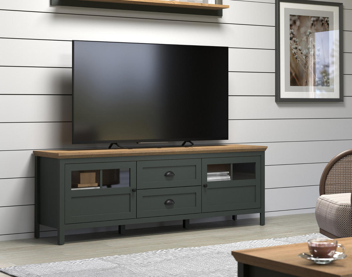 TV-LOWBOARD grün, Evoke Eiche Landhaus 184 x 64 cm, TV Unterteil inklusive LED Beleuchtung - Eichefarben/Schwarz, Holzwerkstoff/Kunststoff (184/64/45cm) - Top.Furn