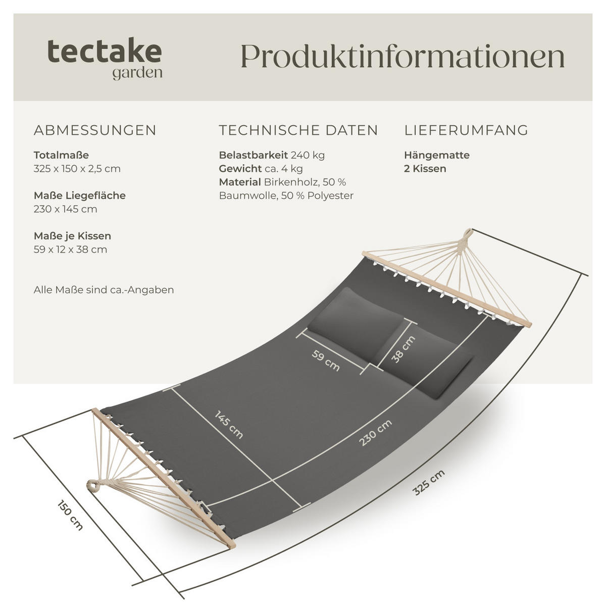 HÄNGEMATTE Eden,230 x 145 cm,dunkelgrau - Dunkelgrau, Kunststoff (150/2.5/325cm) - tectake