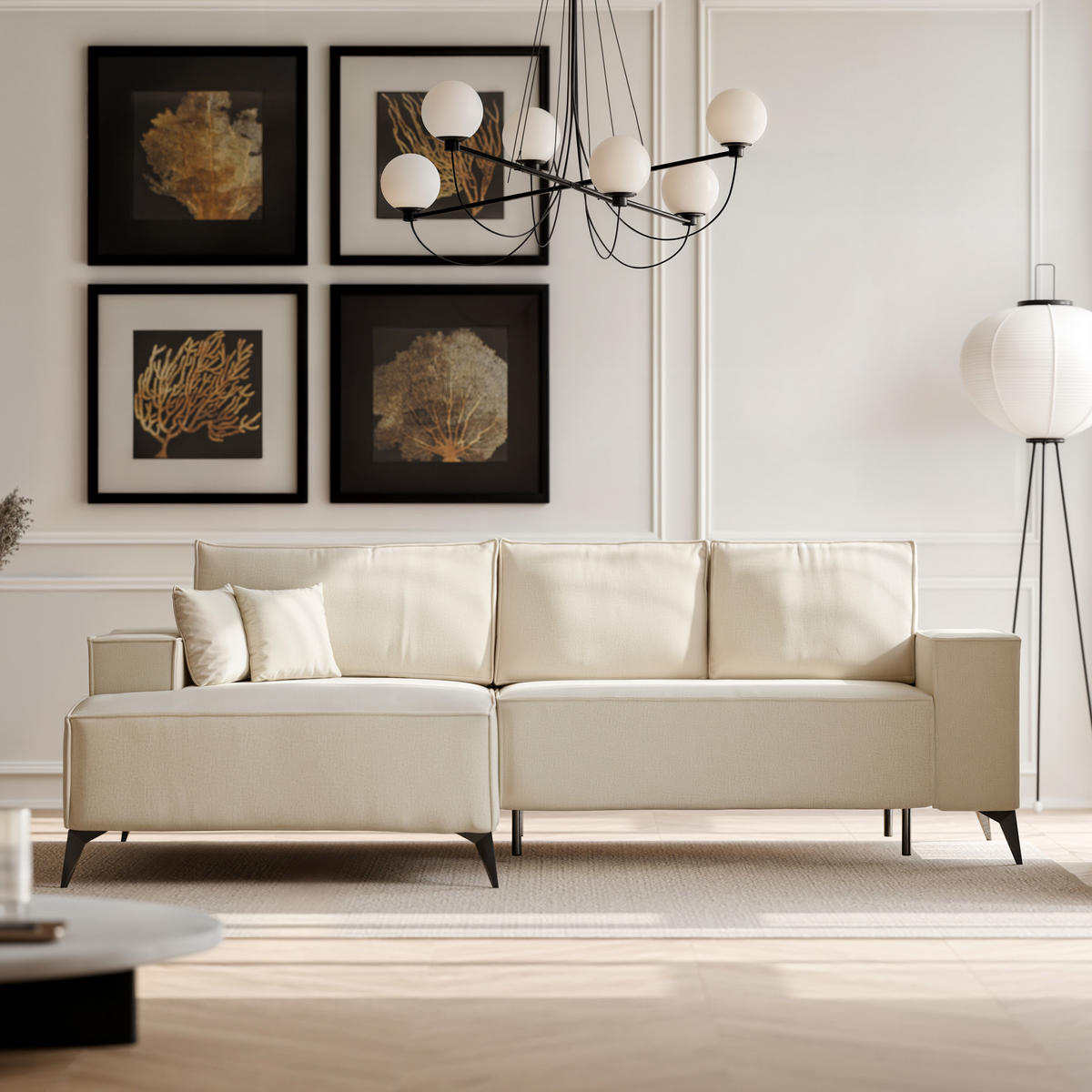 ECKSOFA OTIS Links, mit Schlaffunktion und Bettkasten, Creme - Creme, Textil/Metall (294/185cm) - Idohome