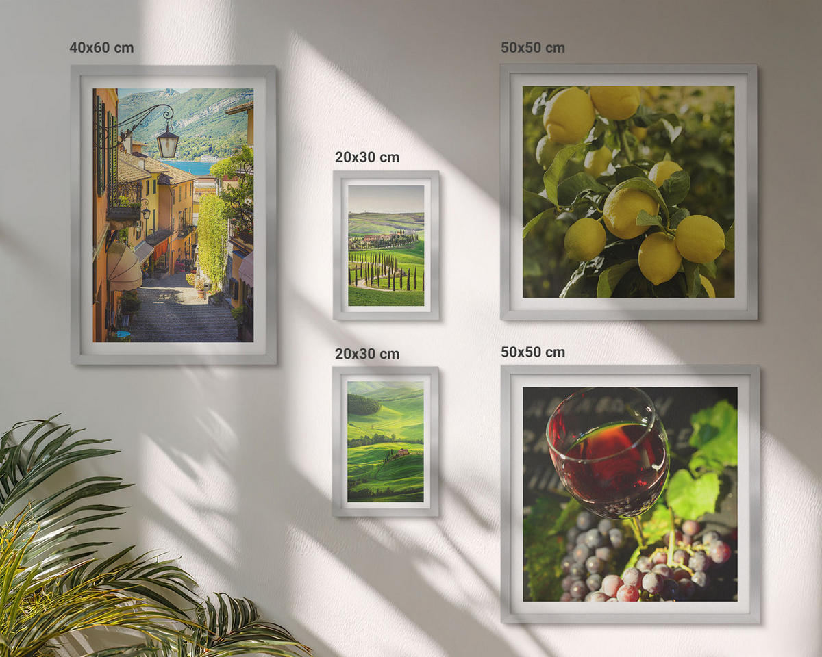 WANDBILDER 5er Set - 50x50 cm & 20x30 cm & 40x60 cm Silberner Rahmen - Italienische Landschaften, Zitrushügel - Silberfarben, Kunststoff (40/60cm) - ArtPrintCave