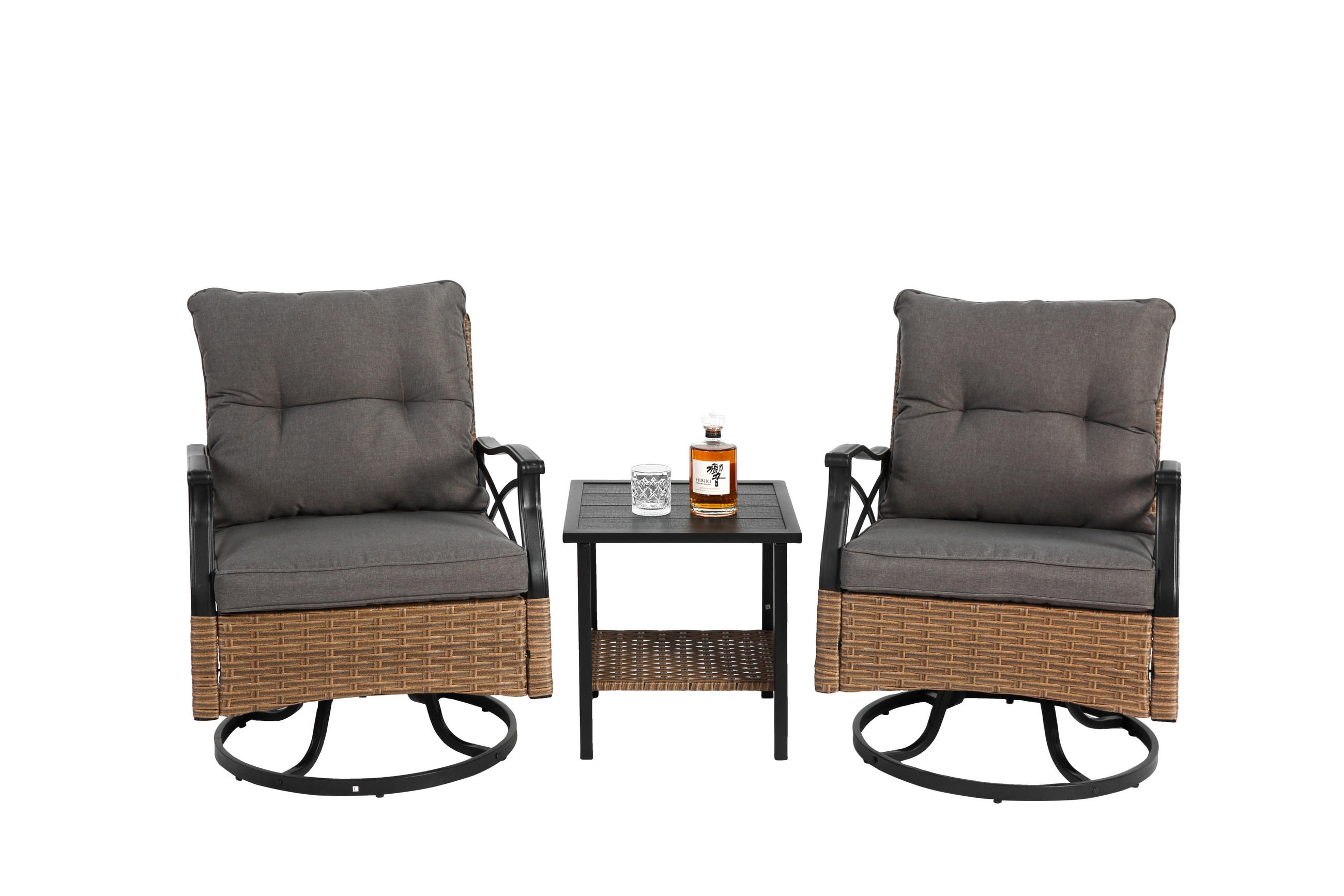 GARTENMÖBEL-SET Braun/Grau 3-teilig mit Dreh- und Schaukelfunktion inkl. Tisch - Graubraun, Metall - PANGIVO