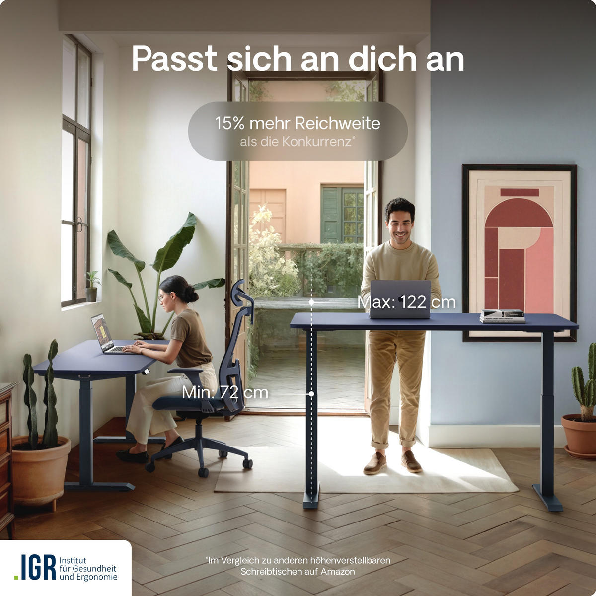 SCHREIBTISCH Elektrisch Höhenverstellbarer HomeOne 120x60cm Blau/Blau mit Memory-Funktion, Anti-Kollisions Technologie - Blau, Holzwerkstoff (60/120/72cm) - Desktronic