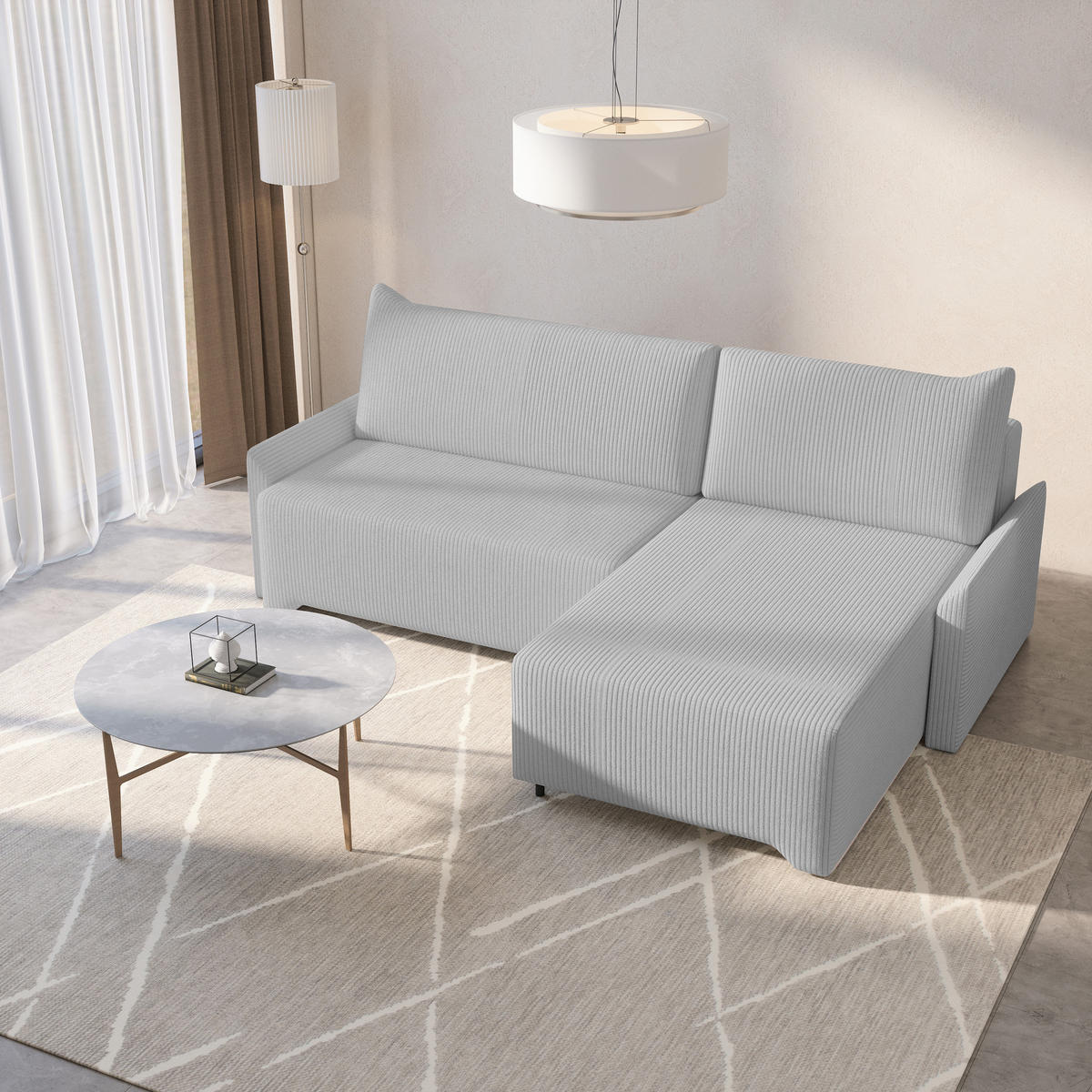 ECKSCHLAFSOFA - Rocky - Rechts, Hellgrau (Poso 55) - Hellgrau/Schwarz, Holzwerkstoff/Metall (245/174cm) - Möblo