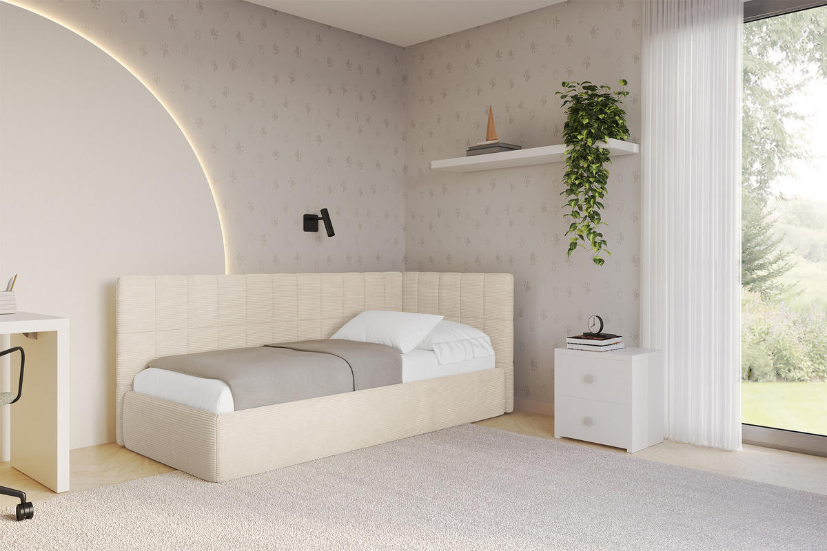EINZELLBETT Jugendbett mit Bettkasten, Links - TULY 90x200 Beige - Creme, Holzwerkstoff/Textil (90/200cm) - ALTDECOR