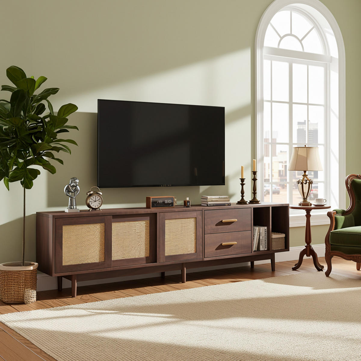 TV-SCHRANK 190 cm Braun & Rattan mit Schiebetüren, 2 Schubladen & 6 Füßen im Retro-Design - Braun, Holzwerkstoff (190/52/40cm) - Urban Meuble