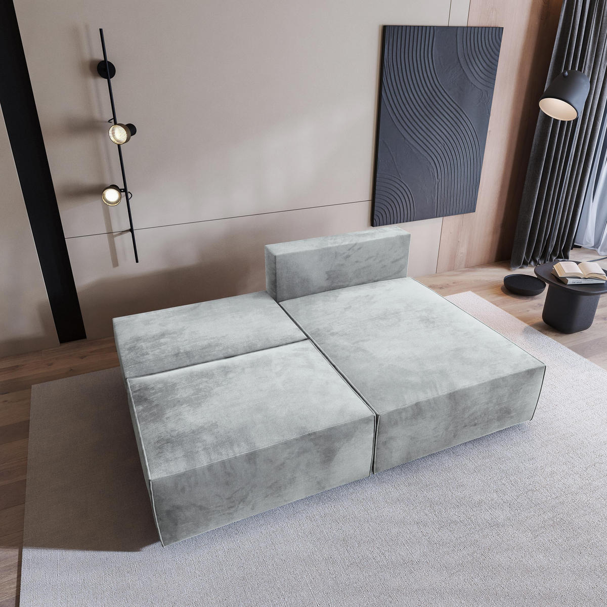 ECKSOFA FIORO M Hellgrau Velours-Stoff mit Schlaffunktion - Hellgrau/Grau, Holz/Kunststoff (204/148cm) - MASSENO